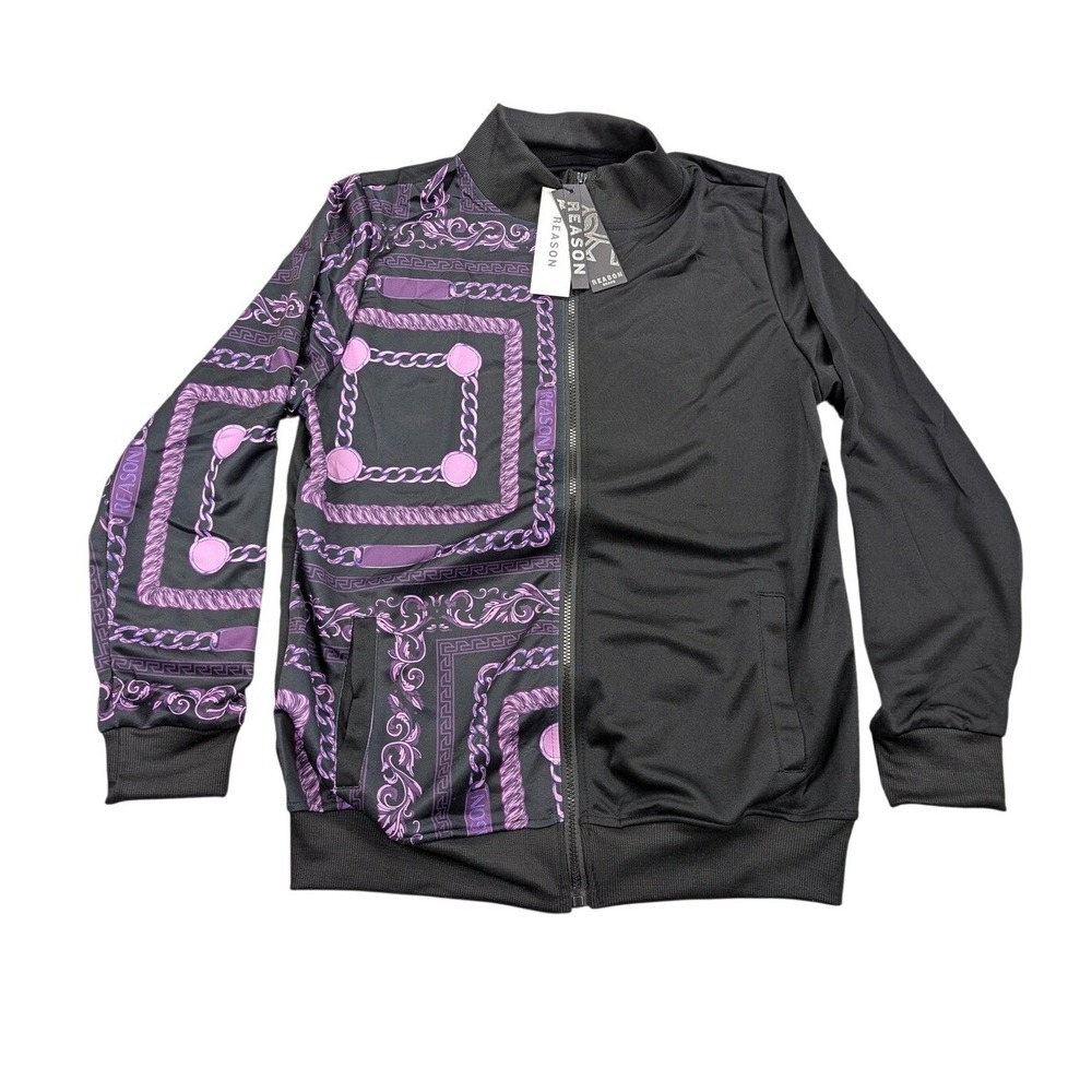 Reason Clothing Mens Track Jacket Purple Black Baroque Chain Print Zip Up Med